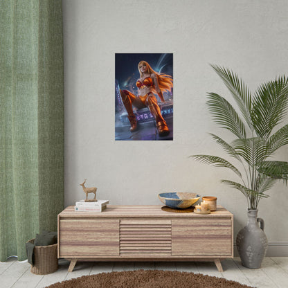 Samus Aran Poster / Samus Aran Wall Art / Samus Aran Art Print / Sci-Fi Heroine Poster showcasing futuristic armor, glowing accents, and cosmic rune backdrop