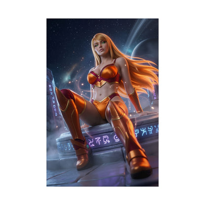 Samus Aran Poster / Samus Aran Wall Art / Samus Aran Art Print / Sci-Fi Heroine Poster showing Samus in glowing orange power suit seated on rune-lit space pedestal