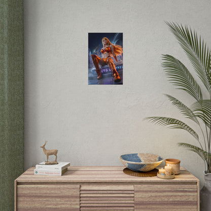 Samus Aran Poster / Samus Aran Wall Art / Samus Aran Art Print / Sci-Fi Heroine Poster - glowing armored heroine in cosmic rune-lit scene