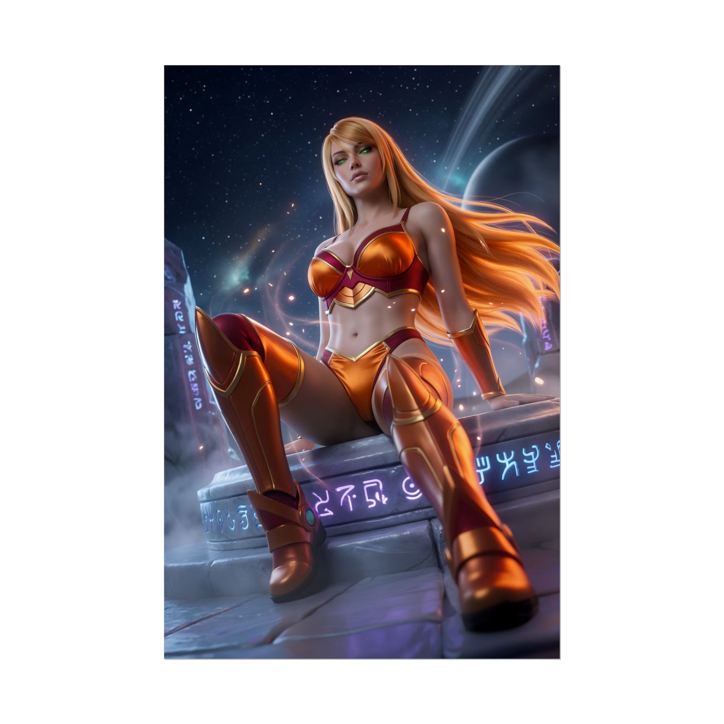 Samus Aran Poster / Samus Aran Wall Art / Samus Aran Art Print / Sci-Fi Heroine Poster showing armored heroine in cosmic rune-lit environment, orange armor, powerful pose