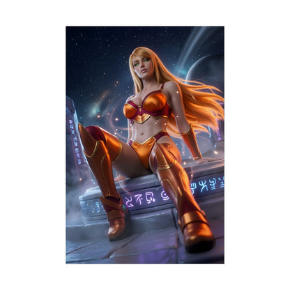 Samus Aran Poster / Samus Aran Wall Art / Samus Aran Art Print / Sci-Fi Heroine Poster showing armored heroine in cosmic rune-lit environment, orange armor, powerful pose