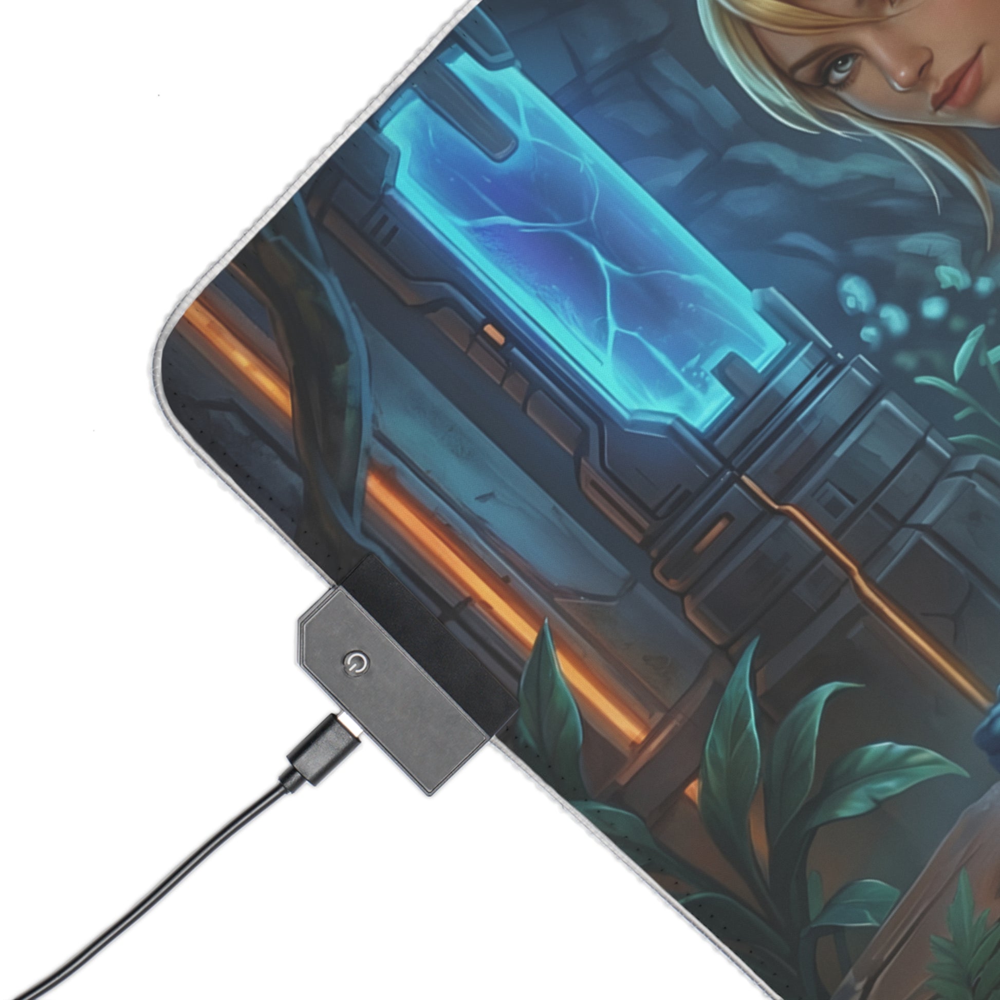 Samus Aran RGB Mouse Pad – Sci-Fi Action Illuminated Desk Mat, Gamer Setup showcasing illuminated edge lighting and detailed sci‑fi artwork on extended desk mat