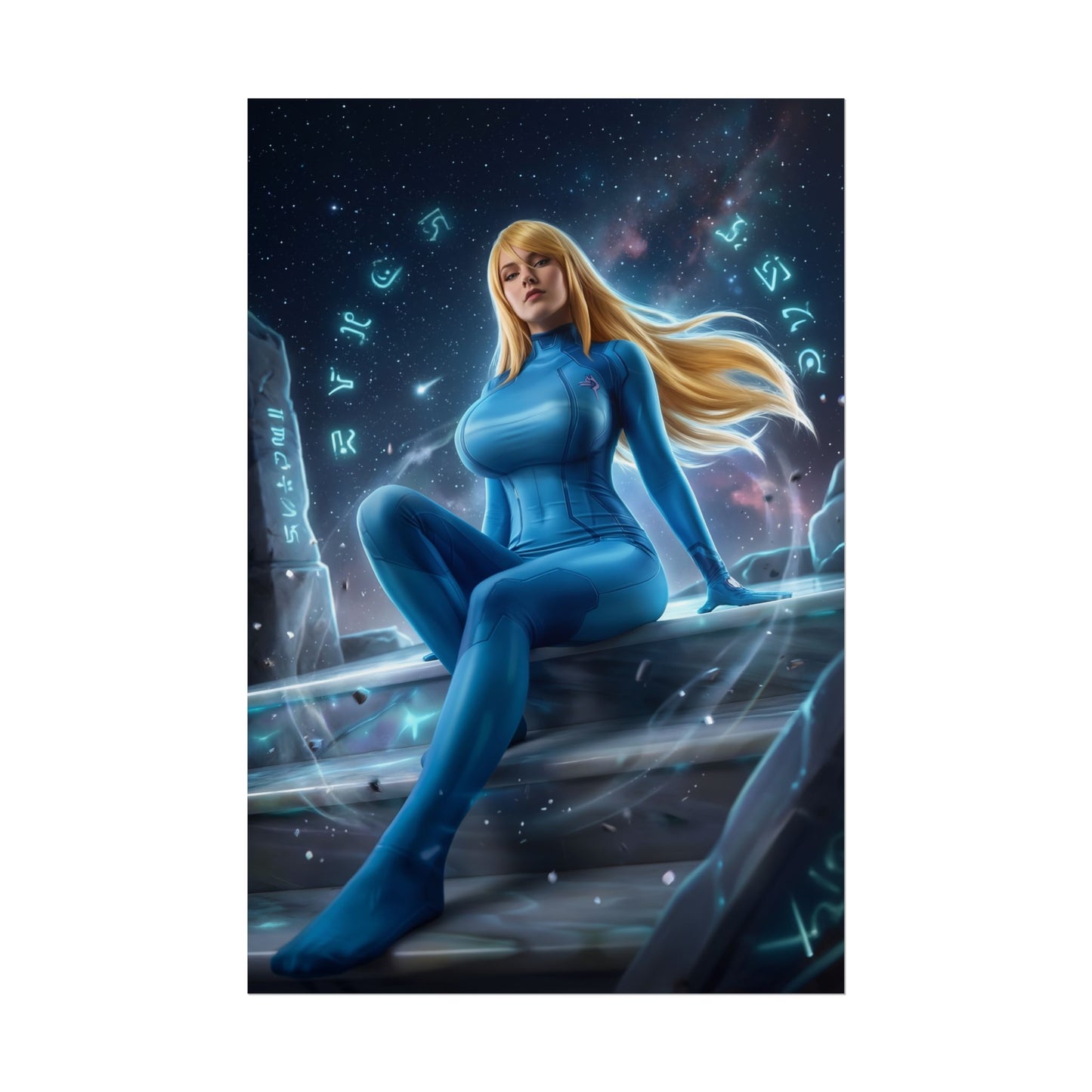 Samus Aran Poster / Samus Aran Wall Art / Samus Aran Art Print / Space Warrior Poster — seated Samus in blue suit amid glowing cosmic ruins, solitude and tech vibe