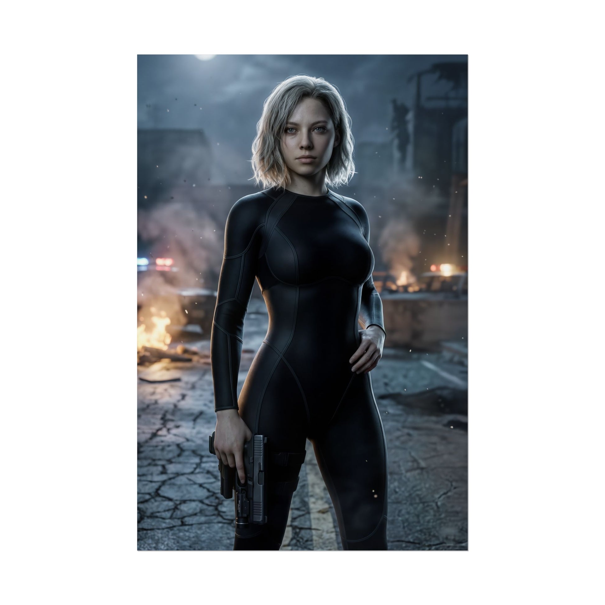 Sexy Grace Ashcroft Poster, Resident Evil Requiem Wall Art Print, Horror Game Decor showing Grace in tactical suit with handgun amid burning city ruins