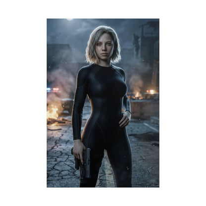 Sexy Grace Ashcroft Poster, Resident Evil Requiem Wall Art Print, Horror Game Decor — cinematic Grace Ashcroft in black suit holding a pistol amid burning city ruins