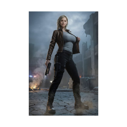 Sexy Grace Ashcroft Poster, Resident Evil Requiem Art Print, Survival Horror Wall Art — moody character print of armed heroine in ruined city