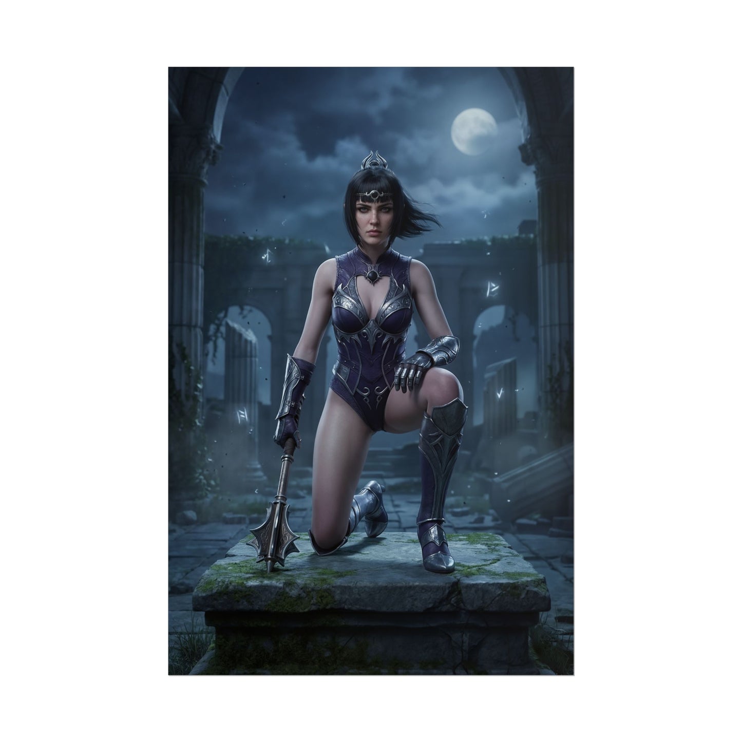 Baldur’s Gate Poster – Shadowheart Art Print, Fantasy RPG Wall Art featuring Shadowheart kneeling in moonlit ruins