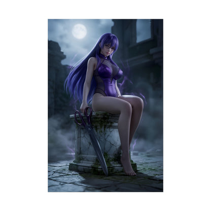 Sheele Poster / Sheele Wall Art / Sheele Art Print / Akame ga Kill Poster — moonlit Sheele seated on ruins with giant scissors