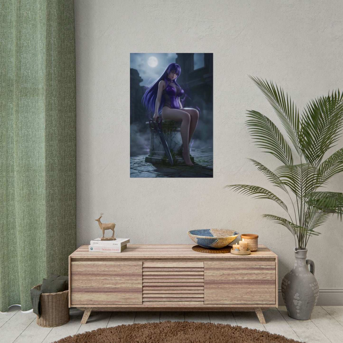 Sheele Poster / Sheele Wall Art / Sheele Art Print / Akame ga Kill Poster - moonlit Sheele sitting on ruins with sword, dark fantasy anime decor