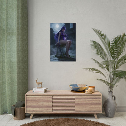 Sheele Poster / Sheele Wall Art / Sheele Art Print / Akame ga Kill Poster showing Sheele seated under moonlit ruins, dark fantasy anime wall decor