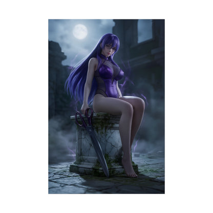 Sheele Poster / Sheele Wall Art / Sheele Art Print / Akame ga Kill Poster - moonlit Sheele seated by ruins with giant scissors, dark fantasy anime decor