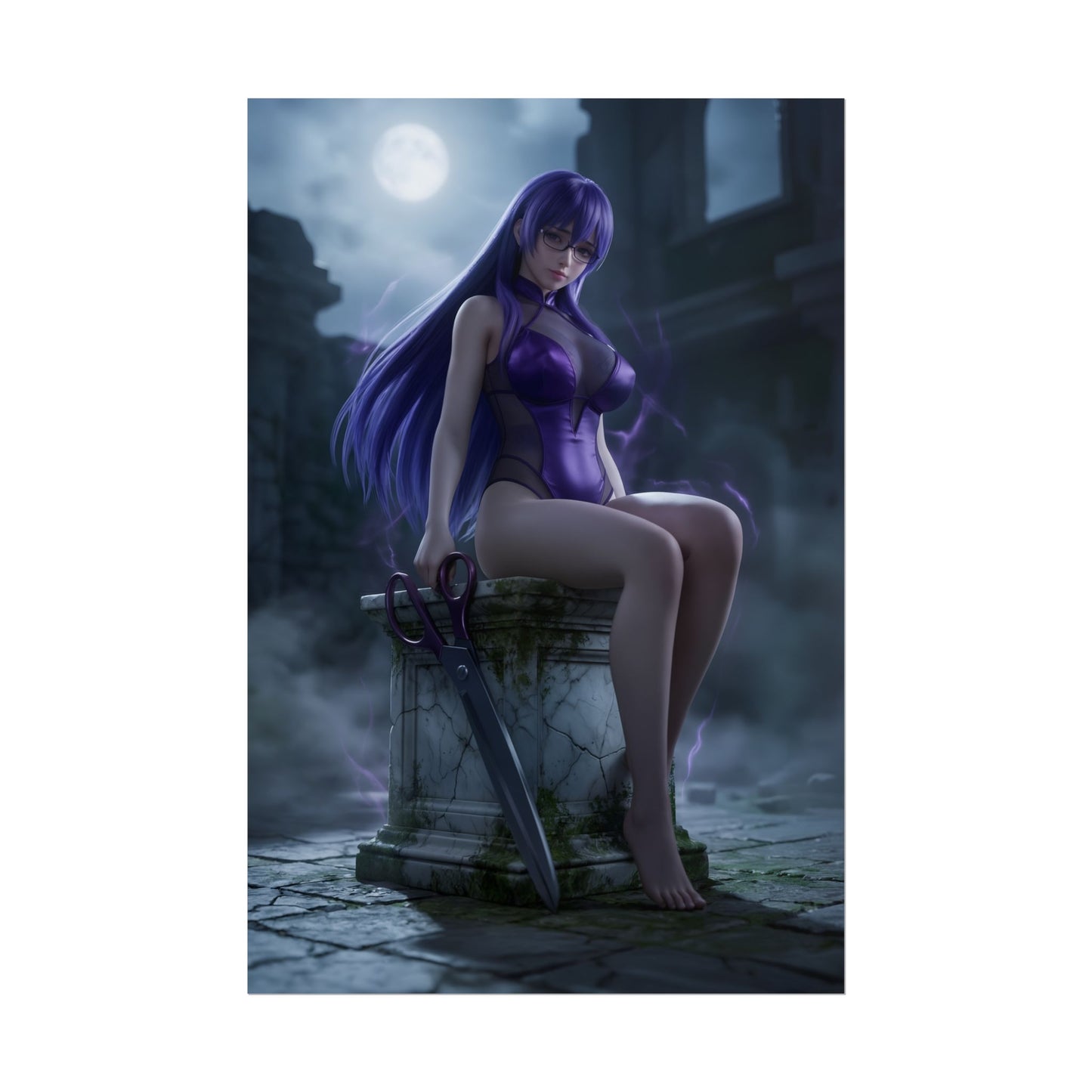 Sheele Poster / Sheele Wall Art / Sheele Art Print / Akame ga Kill Poster - moonlit Sheele seated on ruins with giant scissors, dark anime fantasy wall art