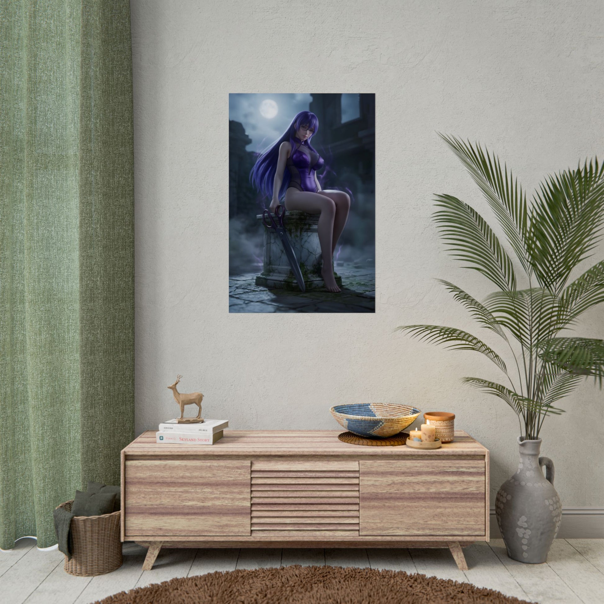 Sheele Poster / Sheele Wall Art / Sheele Art Print / Akame ga Kill Poster - moonlit assassin seated under ruins, dark fantasy anime wall art