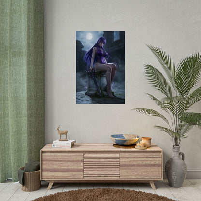 Sheele Poster / Sheele Wall Art / Sheele Art Print / Akame ga Kill Poster - moonlit assassin seated under ruins, dark fantasy anime wall art