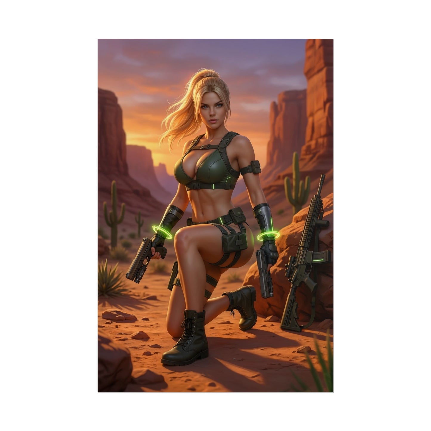 Sonya Blade Poster / Sonya Blade Wall Art / Sonya Blade Art Print / Mortal Kombat Poster - cinematic Sonya Blade kneeling in desert with weapons, confident stance