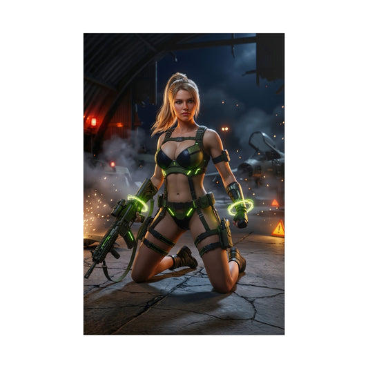 Sonya Blade Poster / Sonya Blade Wall Art / Sonya Blade Art Print / Mortal Kombat Poster — Sonya Blade kneeling in combat hangar with tactical gear and glowing weapons