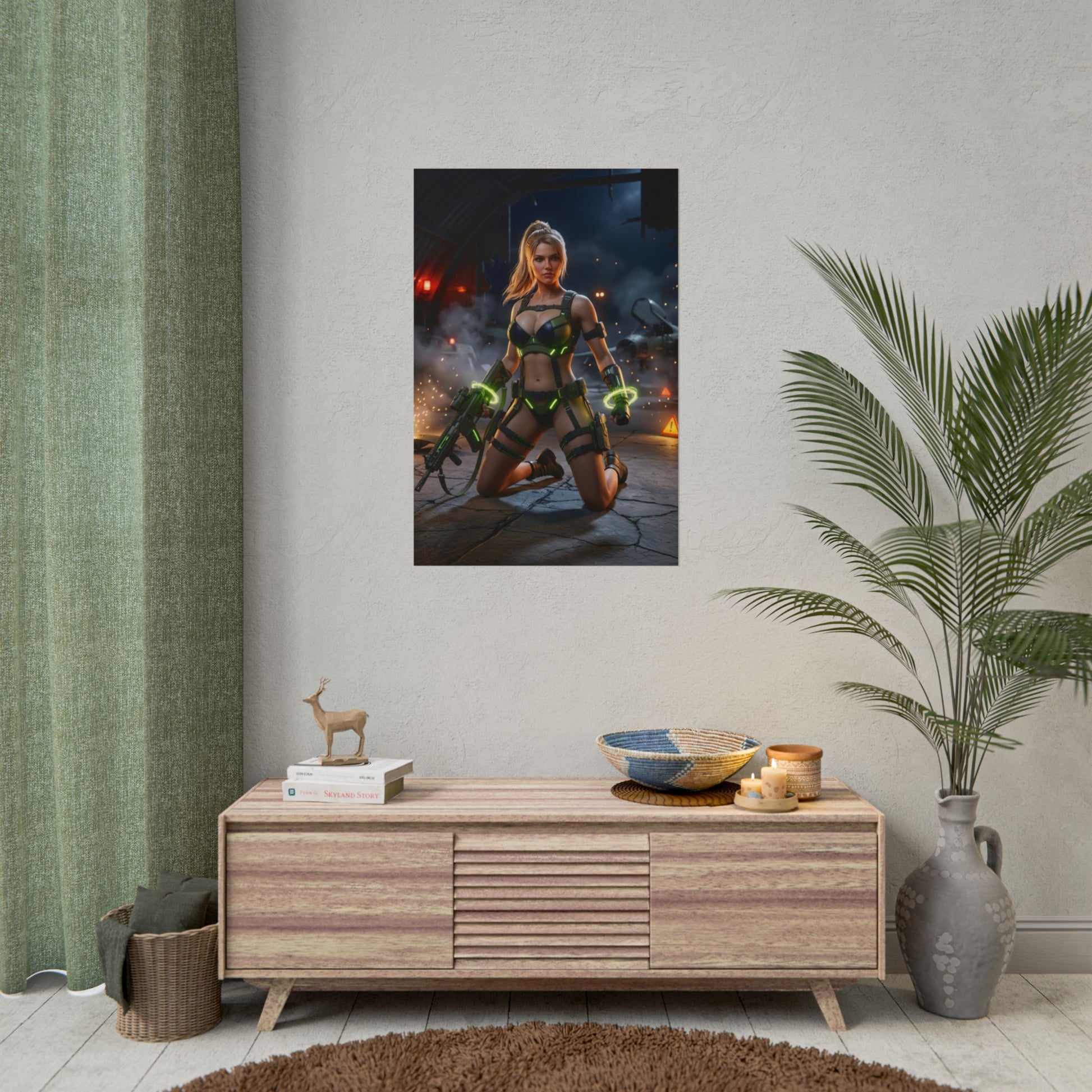 Sonya Blade Poster / Sonya Blade Wall Art / Sonya Blade Art Print / Mortal Kombat Poster - fierce Sonya Blade combat hangar art print with tactical gear and dramatic lighting