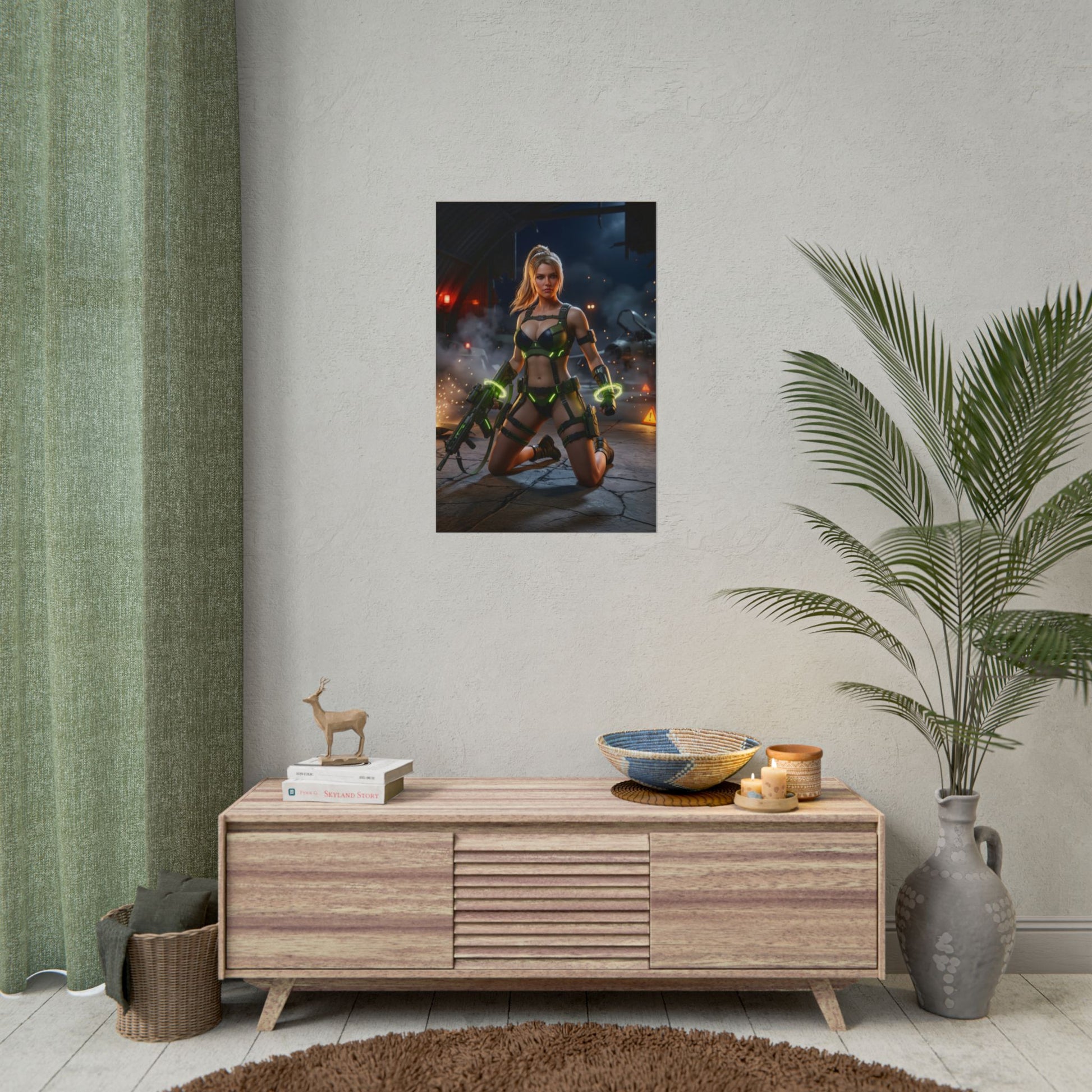 Sonya Blade Poster / Sonya Blade Wall Art / Sonya Blade Art Print / Mortal Kombat Poster showing Sonya Blade in tactical combat hangar with dynamic lighting