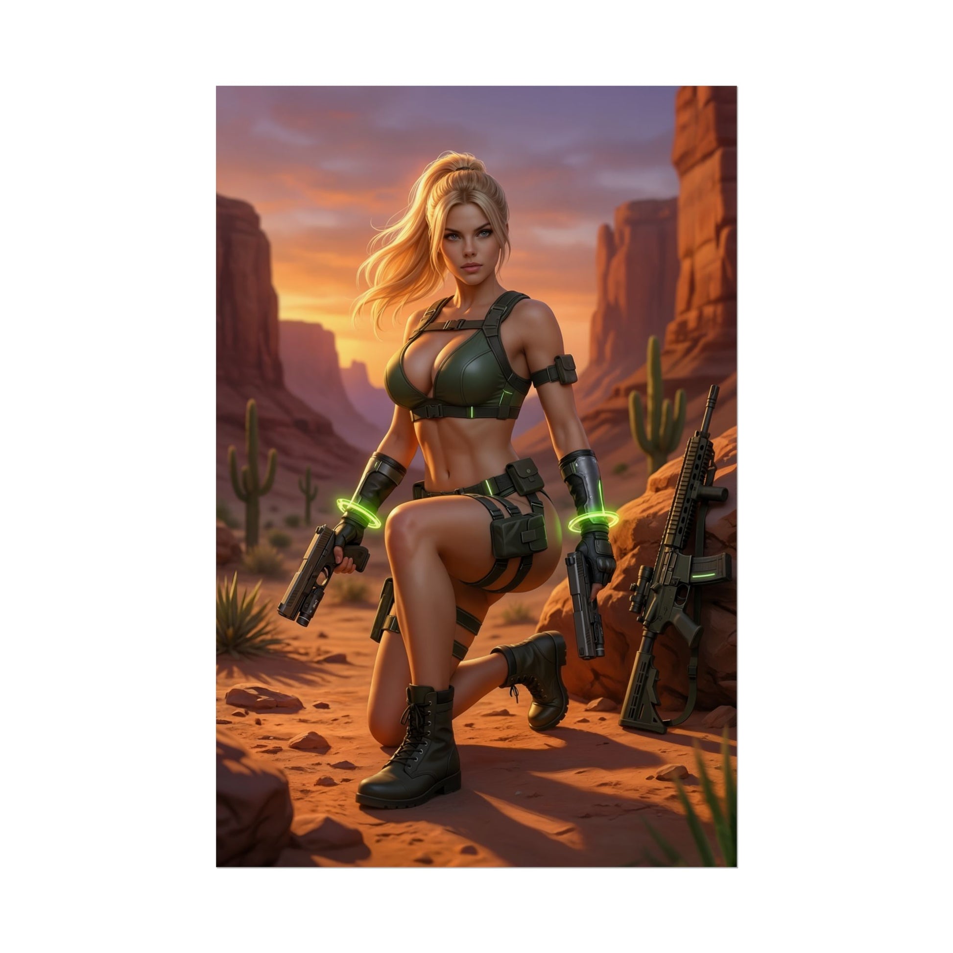 Sonya Blade Poster / Sonya Blade Wall Art / Sonya Blade Art Print / Mortal Kombat Poster - cinematic Sonya Blade kneeling in desert with dual pistols and tactical gear