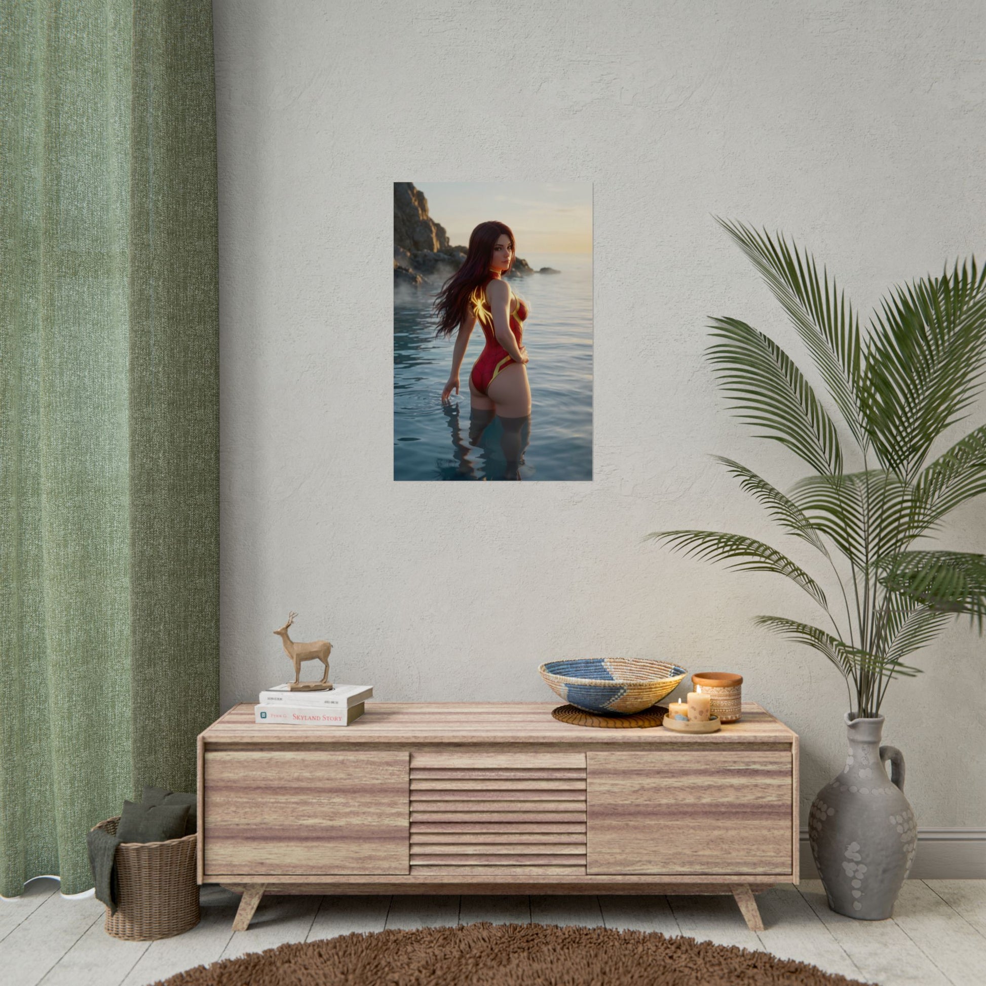 Spider-Woman Poster – Marvel Comics Art Print, Superhero Wall Art showing Spider-Woman waist-deep in ocean at sunset with glowing emblem