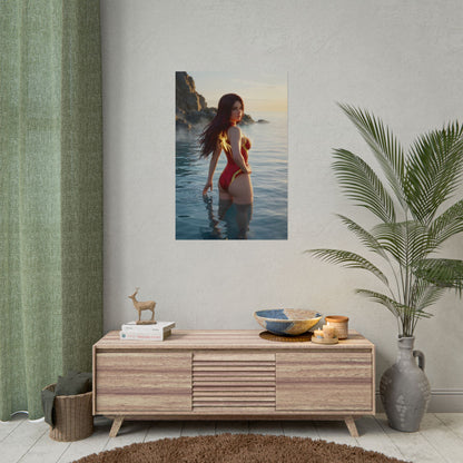 Spider-Woman Poster – Marvel Comics Art Print, Superhero Wall Art showing Spider-Woman waist-deep in ocean at sunset with glowing emblem