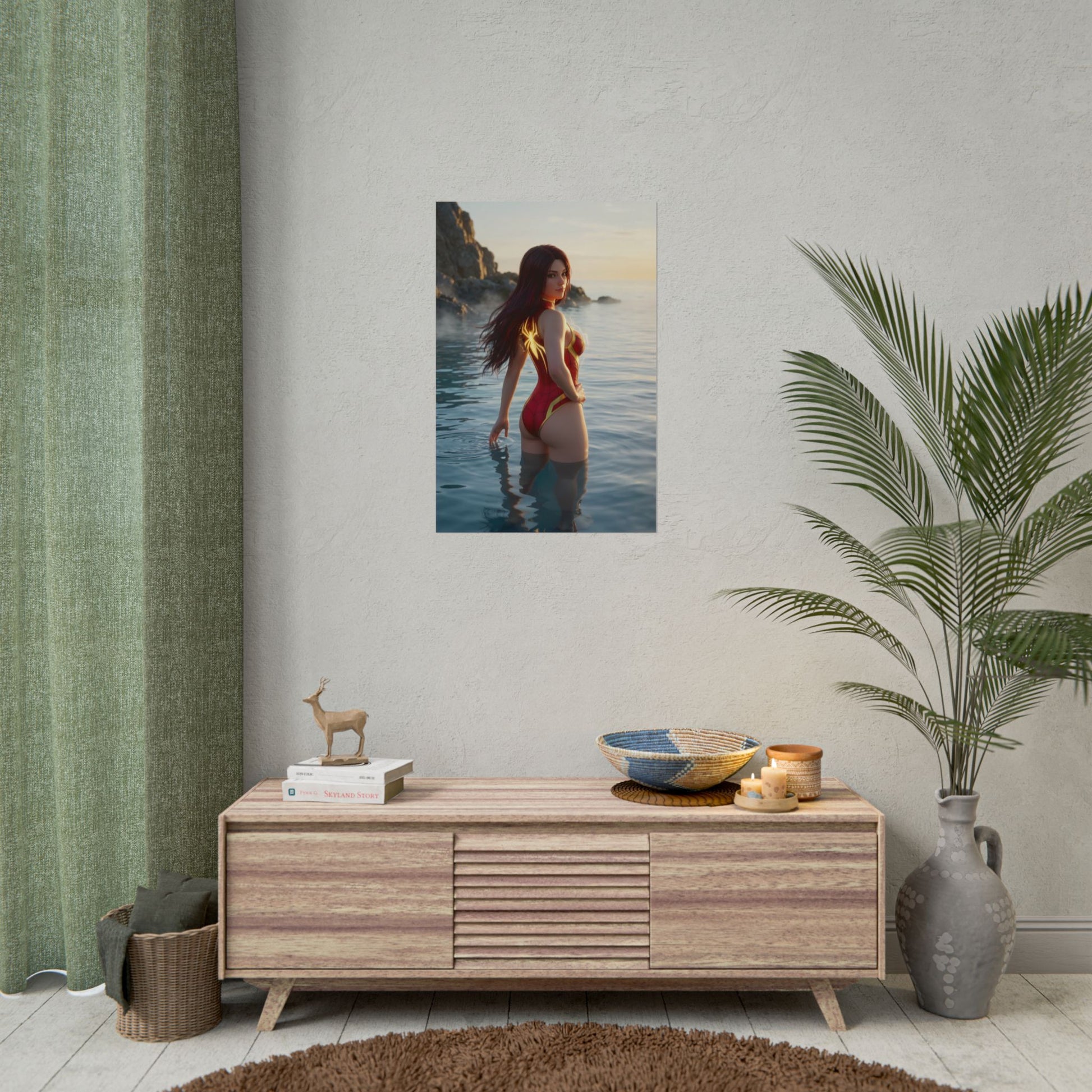 Spider-Woman Poster – Marvel Comics Art Print, Superhero Wall Art showing Spider-Woman waist-deep in ocean at sunset with glowing emblem