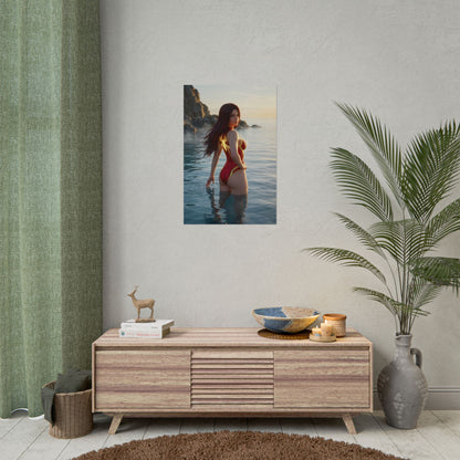 Spider-Woman Poster – Marvel Comics Art Print, Superhero Wall Art showing Spider-Woman waist-deep in ocean at sunset with glowing emblem