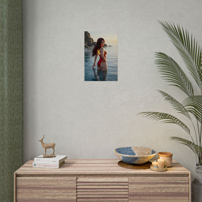 Spider-Woman Poster – Marvel Comics Art Print, Superhero Wall Art showing Spider-Woman standing waist-deep in ocean at sunset with glowing emblem