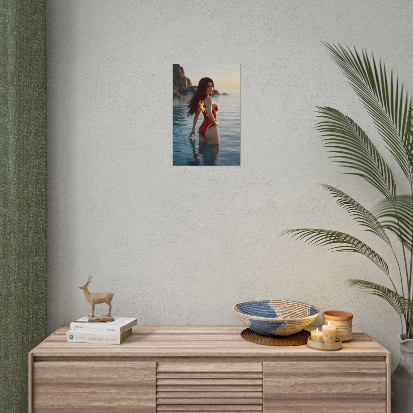 Spider-Woman Poster – Marvel Comics Art Print, Superhero Wall Art of Spider-Woman waist-deep in ocean at sunset with glowing emblem