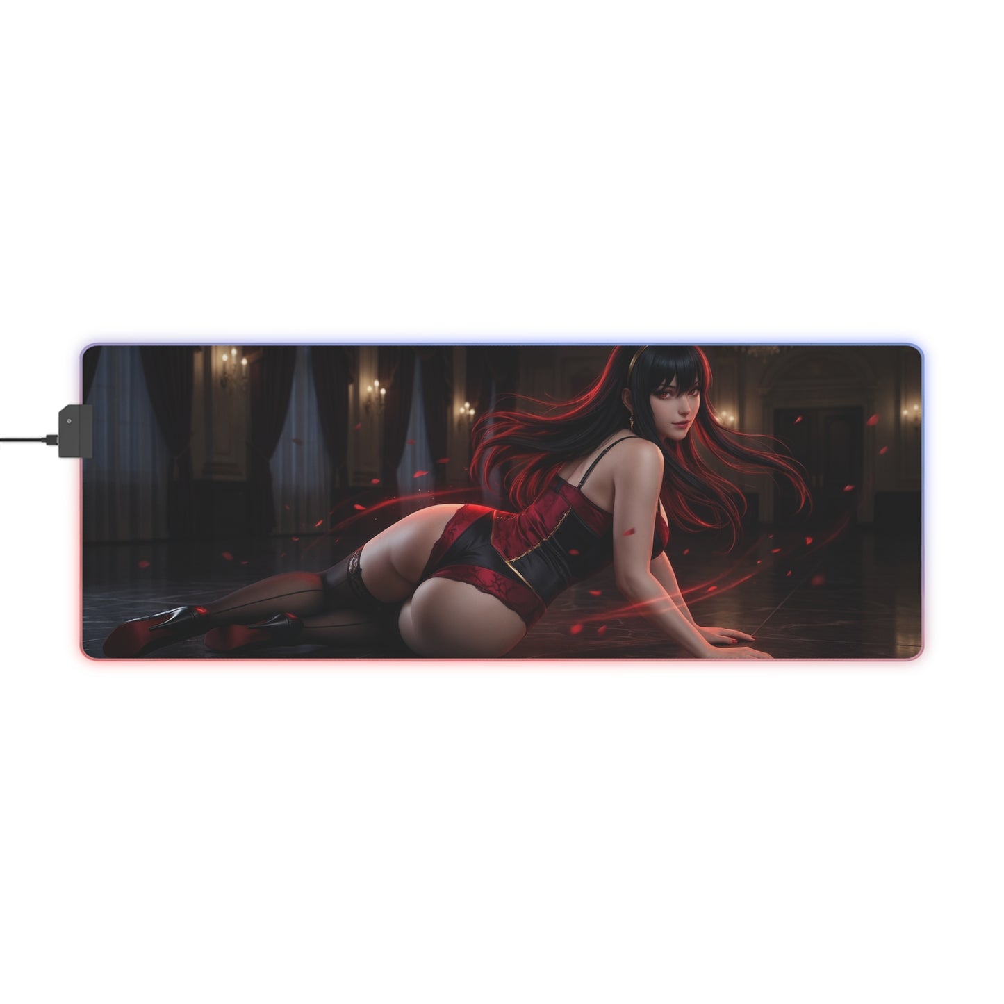 Spy x Family Mouse Pad, Yor Forger LED RGB Desk Mat, Gift for Gamer, Anime Room Decor — sleek Yor Forger LED RGB gaming desk mat showcasing dynamic black-red design