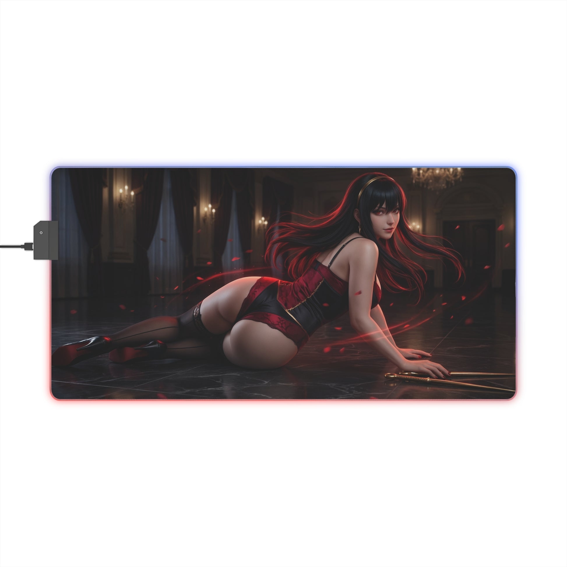 Spy x Family Mouse Pad, Yor Forger LED RGB Desk Mat, Gift for Gamer, Anime Room Decor – sleek black-red Yor Forger design on large RGB gaming desk mat