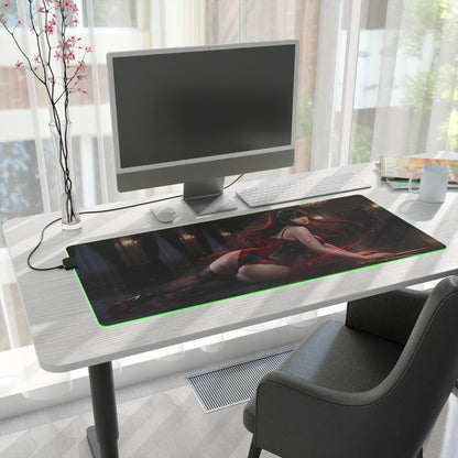 Spy x Family Mouse Pad, Yor Forger LED RGB Desk Mat, Gift for Gamer, Anime Room Decor on modern desk showing Yor Forger artwork and green RGB lighting