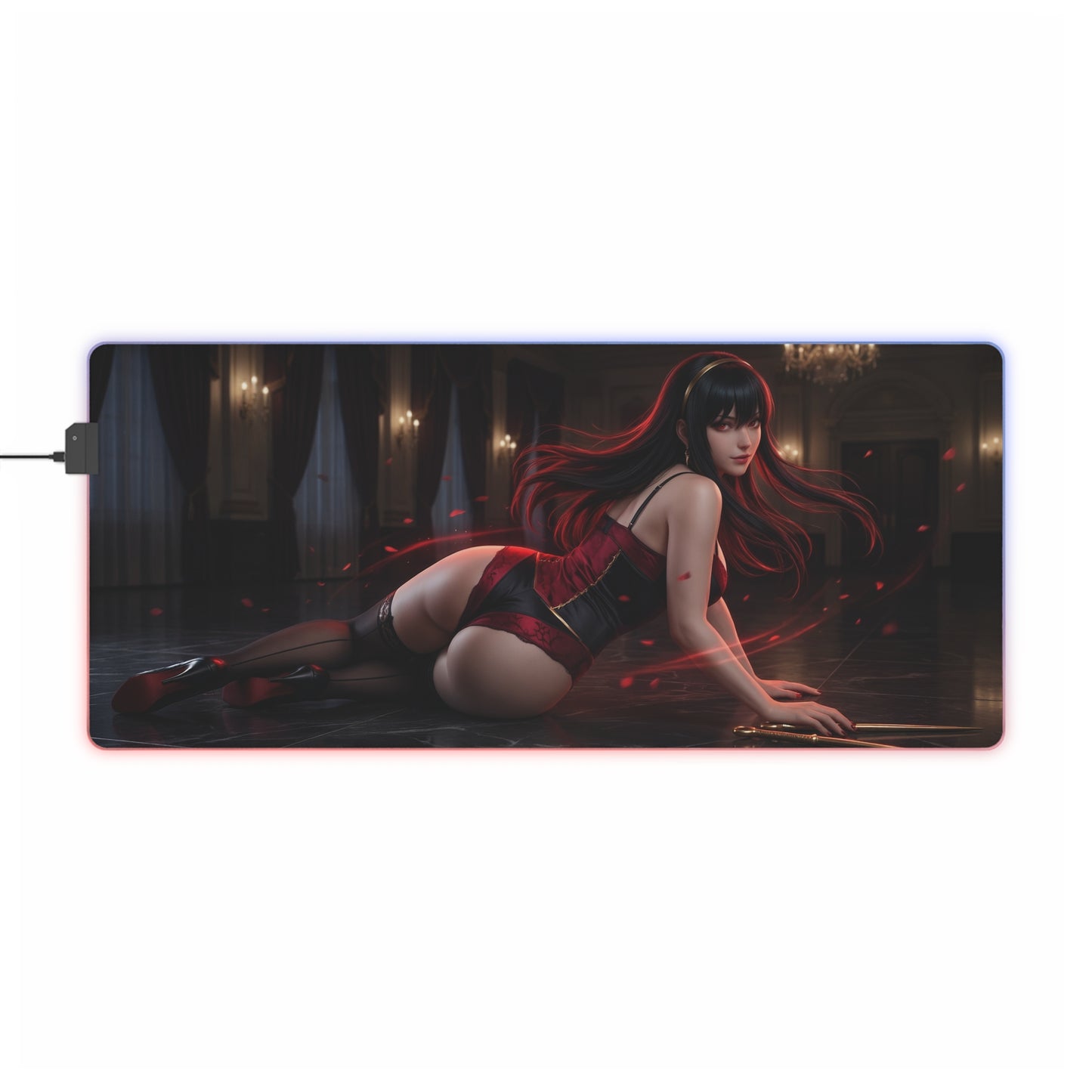 Spy x Family Mouse Pad, Yor Forger LED RGB Desk Mat, Gift for Gamer, Anime Room Decor — sleek Yor Forger pose on RGB gaming desk mat