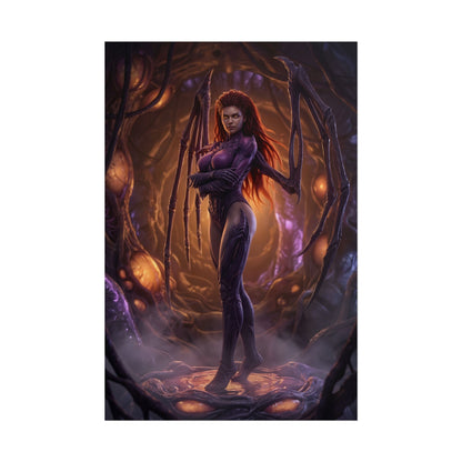 StarCraft Poster – Sarah Kerrigan Art Print, Sci-Fi Game Wall Art featuring Queen of Blades in Zerg hive with glowing organic structures
