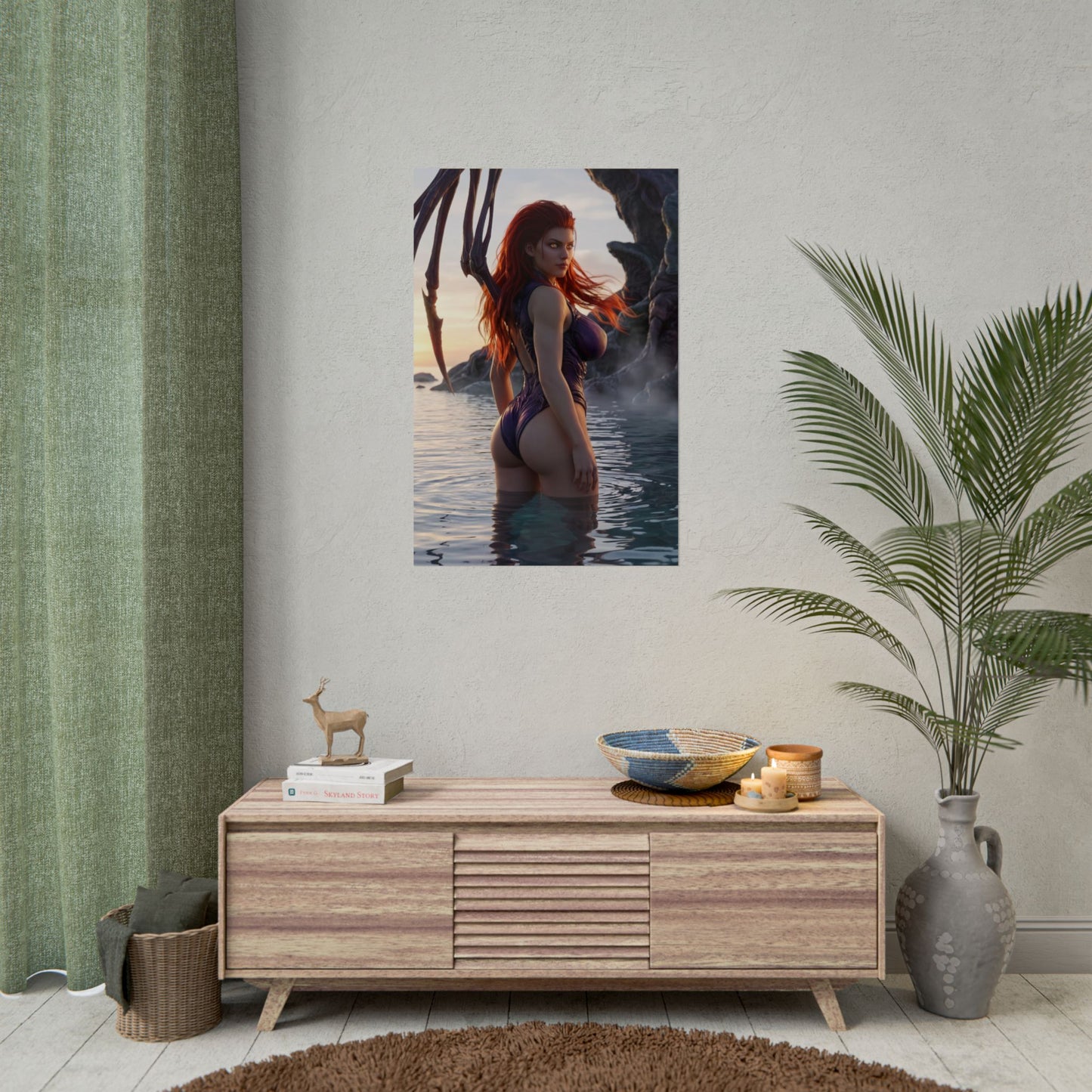 StarCraft Poster – Sarah Kerrigan Art Print, Sci-Fi Game Wall Art showing Queen of Blades waist-deep in ocean at sunset with Zerg appendages and cinematic lighting