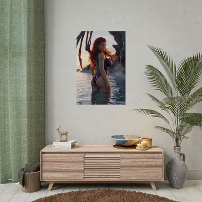 StarCraft Poster – Sarah Kerrigan Art Print, Sci-Fi Game Wall Art showing Queen of Blades waist-deep in ocean at sunset with Zerg appendages and cinematic lighting