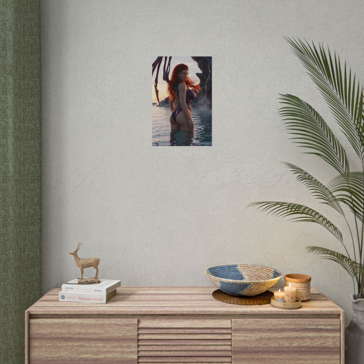 StarCraft Poster – Sarah Kerrigan Art Print, Sci-Fi Game Wall Art showing Kerrigan standing in shallow ocean at sunset with Zerg appendages and cinematic lighting