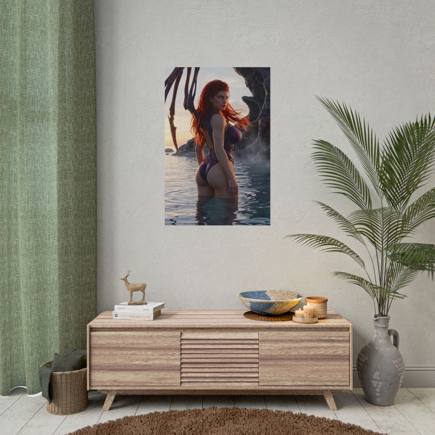 StarCraft Poster – Sarah Kerrigan Art Print, Sci-Fi Game Wall Art showing Queen of Blades standing in shallow ocean at sunset with dramatic cinematic lighting
