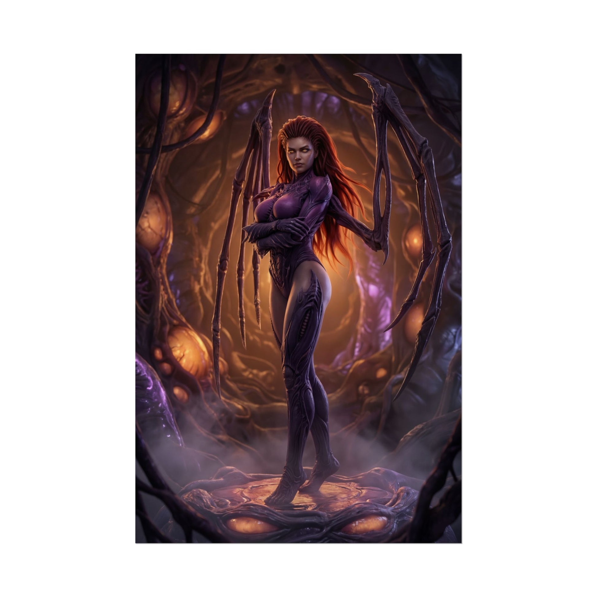 StarCraft Poster – Sarah Kerrigan Art Print, Sci-Fi Game Wall Art — Queen of Blades in Zerg hive with glowing bio-organic lighting