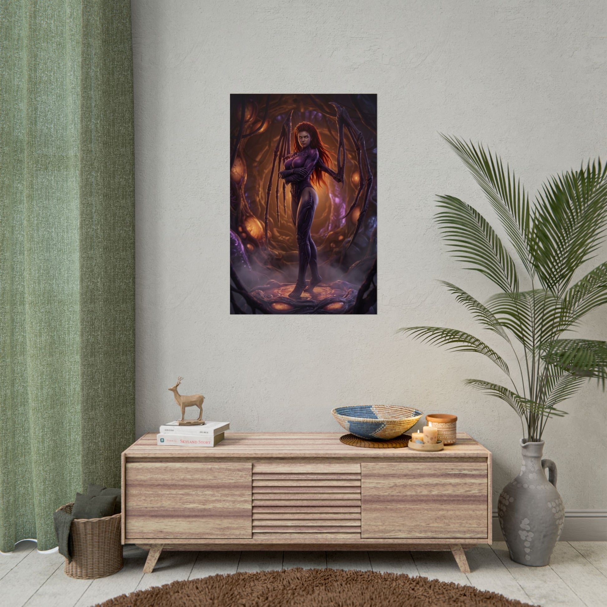 StarCraft Poster – Sarah Kerrigan Art Print, Sci-Fi Game Wall Art featuring Queen of Blades in glowing Zerg hive wall art