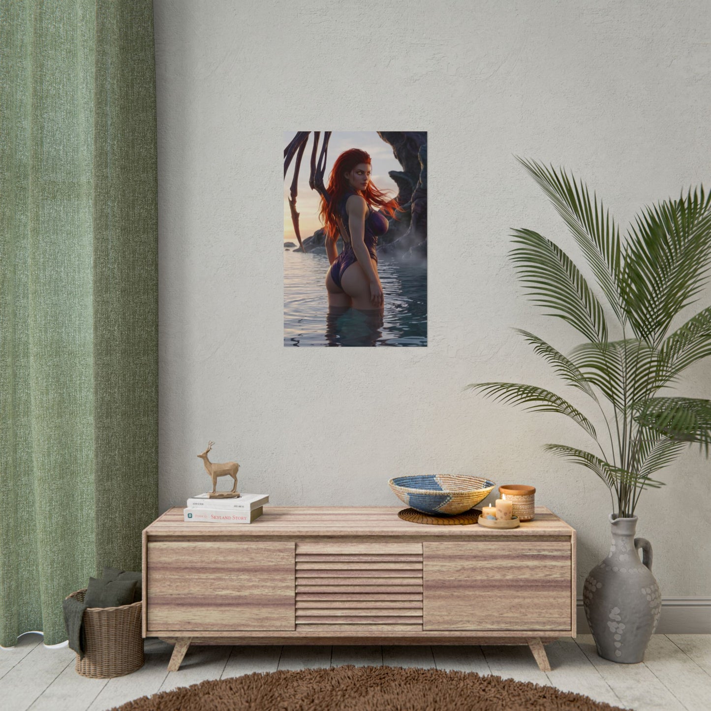 StarCraft Poster – Sarah Kerrigan Art Print, Sci-Fi Game Wall Art hanging above console showing Kerrigan in ocean at sunset with Zerg appendages