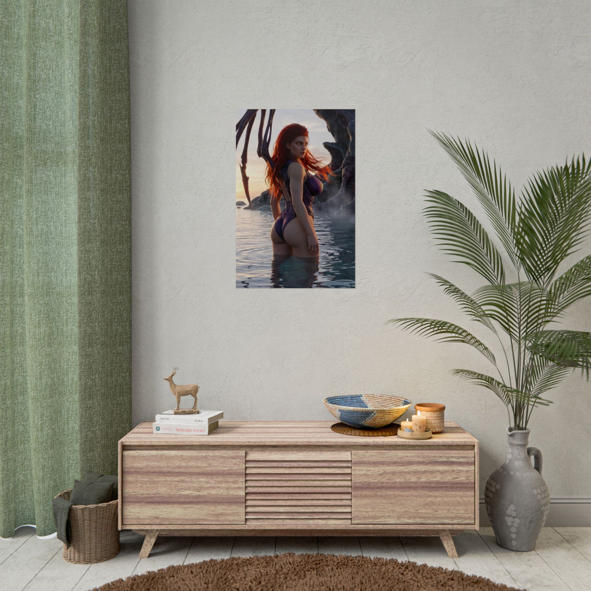StarCraft Poster – Sarah Kerrigan Art Print, Sci-Fi Game Wall Art showing Kerrigan standing in ocean at sunset with Zerg appendages and dramatic lighting