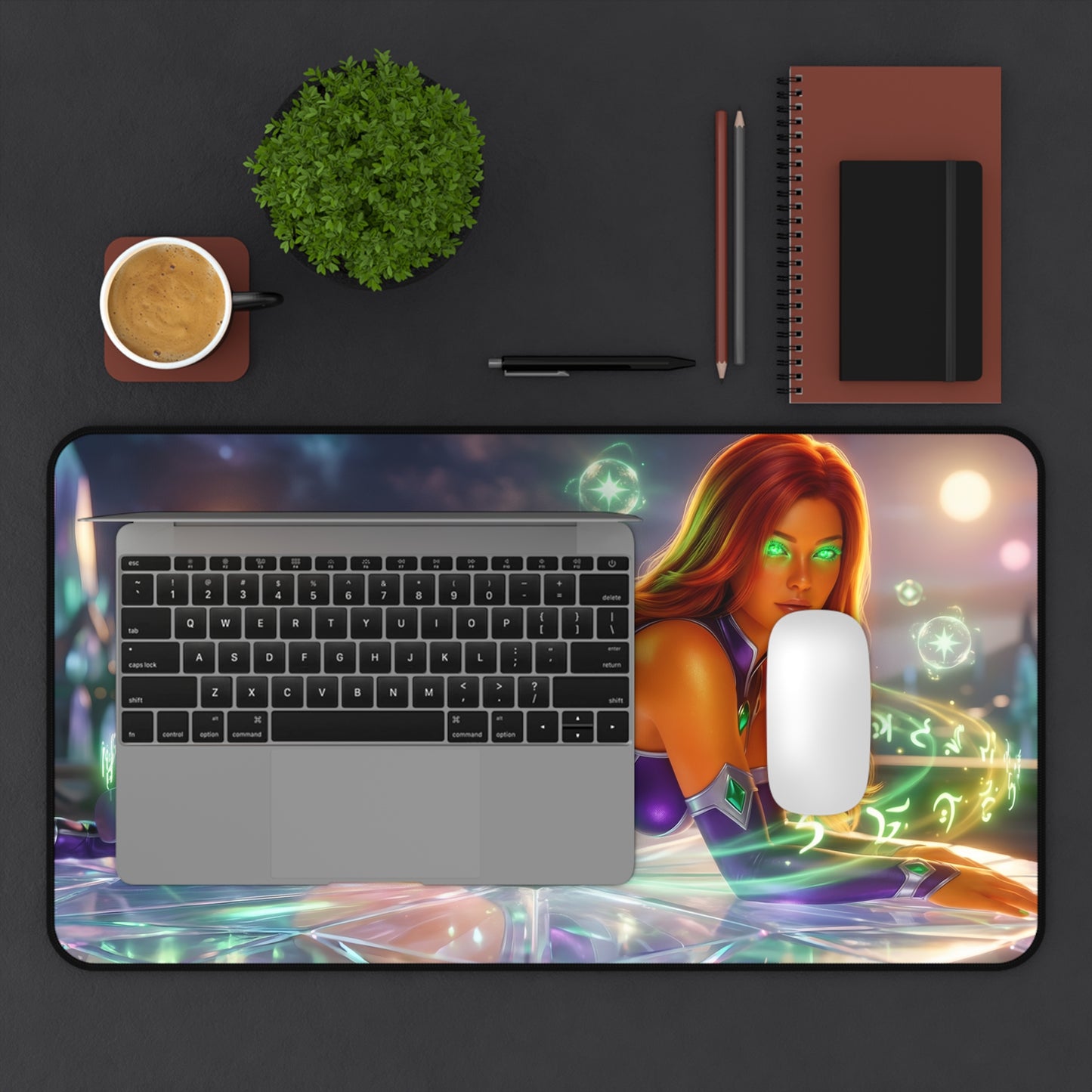 Starfire Mouse Pad – DC Comics Gaming Mouse Pad, Stylish Gamer Desk Decor vibrant Starfire desk pad with glowing green eyes, laptop and mouse on top