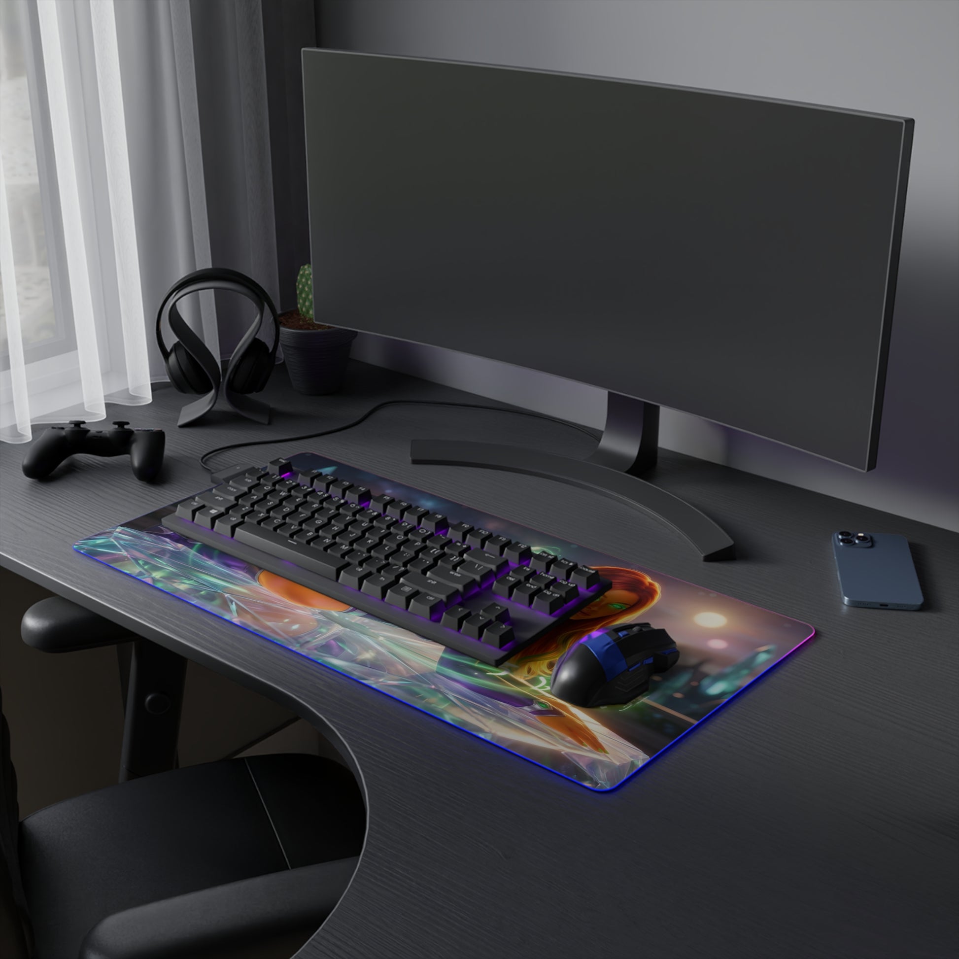 Starfire RGB Mouse Pad – DC Comics LED Desk Mat, Teen Titans Gamer Setup on extended RGB desk mat with keyboard and mouse