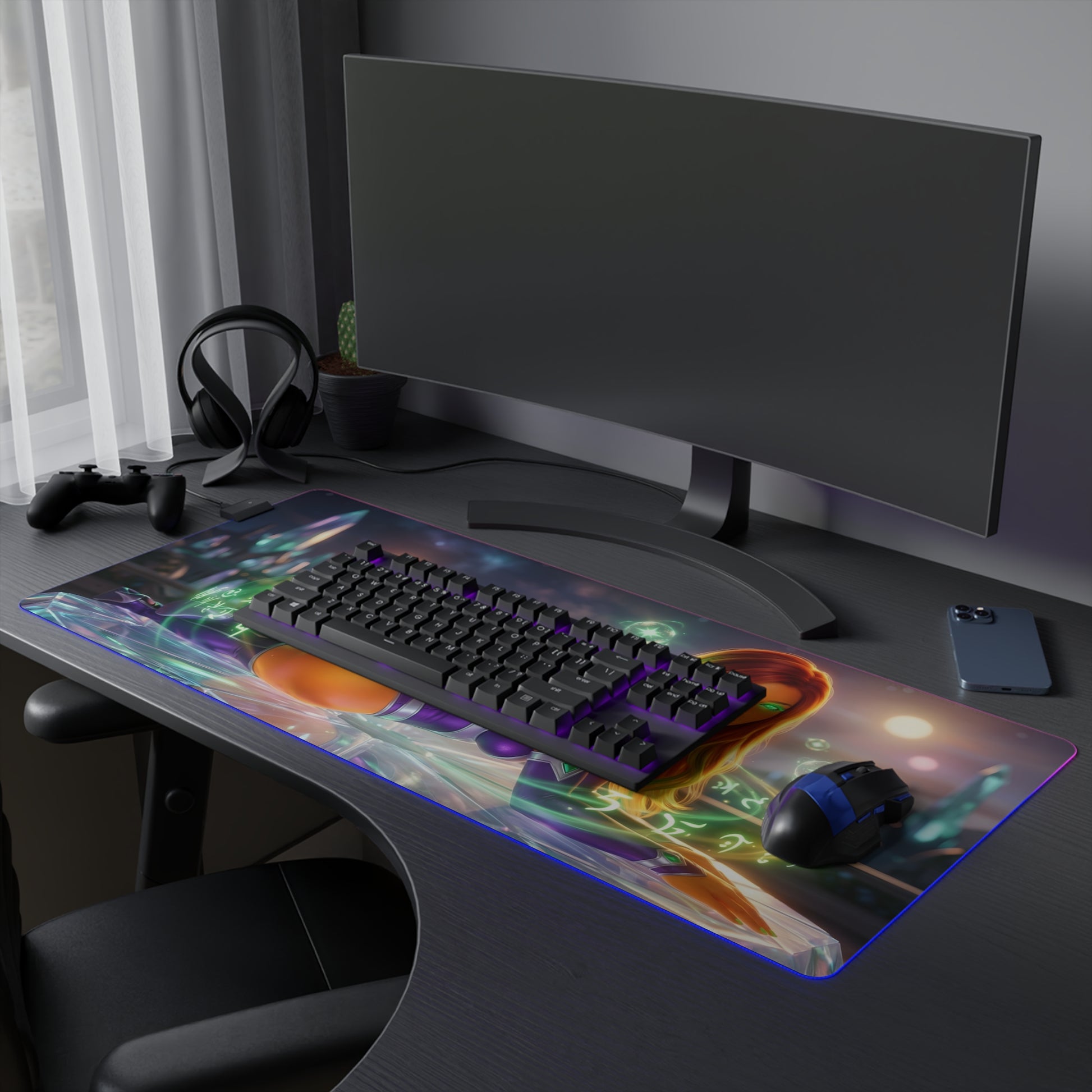 Alt Tag: Starfire RGB Mouse Pad – DC Comics LED Desk Mat, Teen Titans Gamer Setup gaming desk mat with RGB edge lighting and Teen Titans artwork