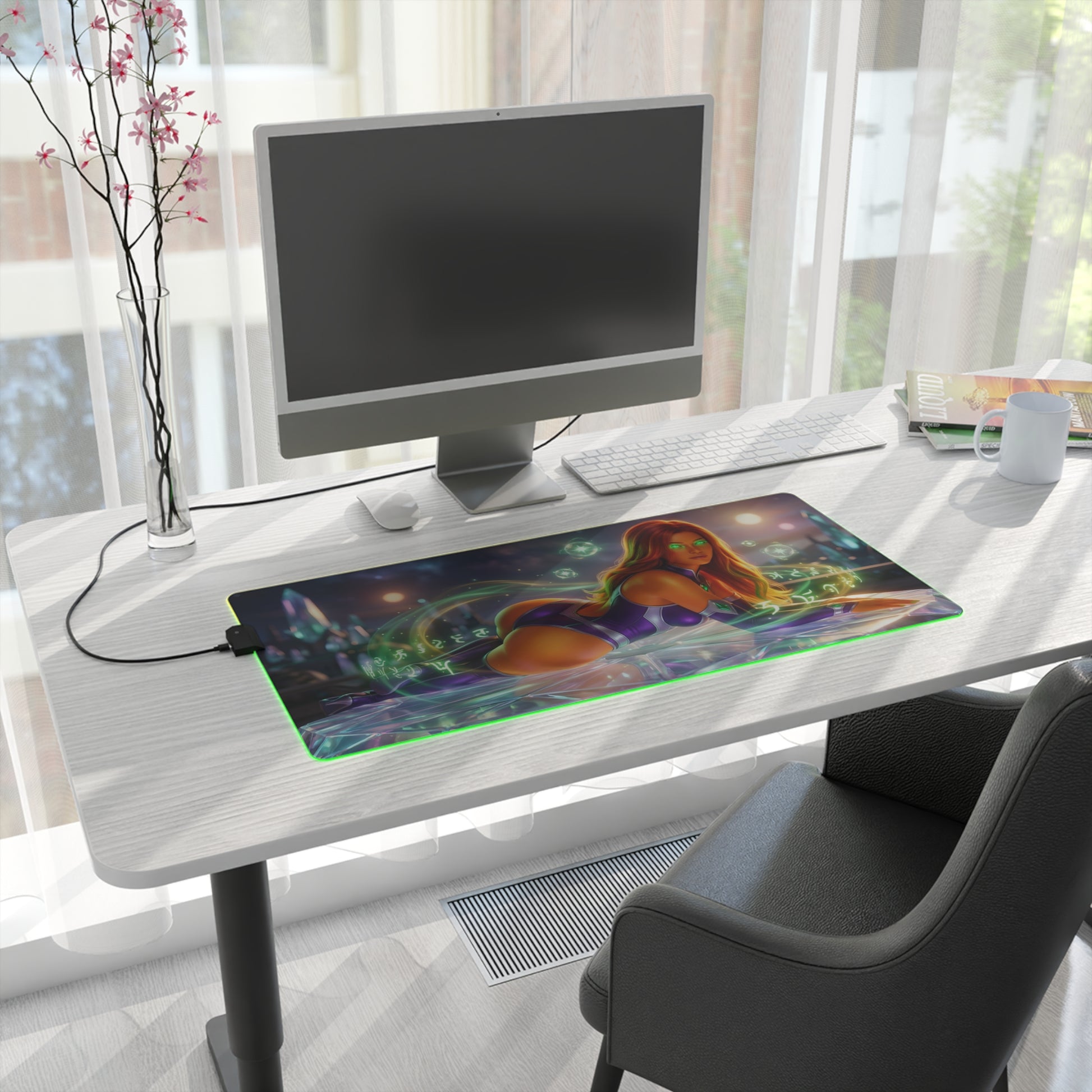 Starfire RGB Mouse Pad – DC Comics LED Desk Mat, Teen Titans Gamer Setup on modern desk with RGB edge lighting and Teen Titans artwork
