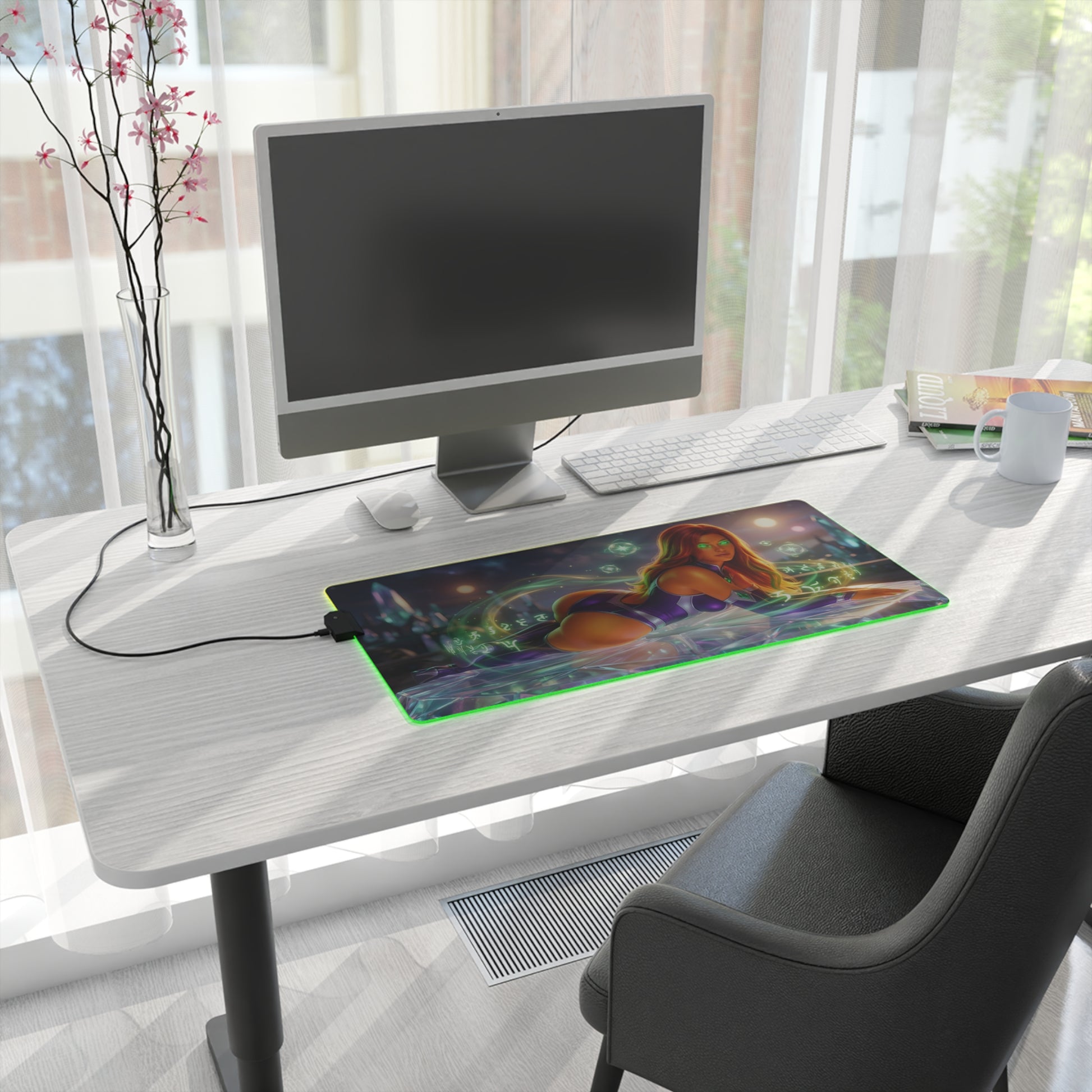 Starfire RGB Mouse Pad – DC Comics LED Desk Mat, Teen Titans Gamer Setup on modern white desk with RGB edge lighting and extended mouse pad artwork