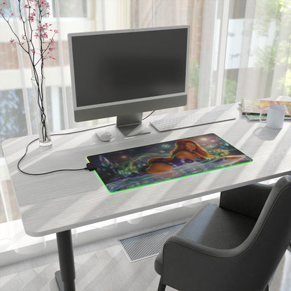 Starfire RGB Mouse Pad – DC Comics LED Desk Mat, Teen Titans Gamer Setup on modern white desk with RGB edge lighting and extended mouse pad artwork