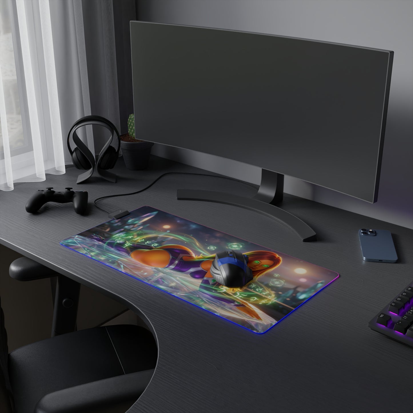 Starfire RGB Mouse Pad – DC Comics LED Desk Mat, Teen Titans Gamer Setup on curved monitor gaming desk with RGB lighting and mouse