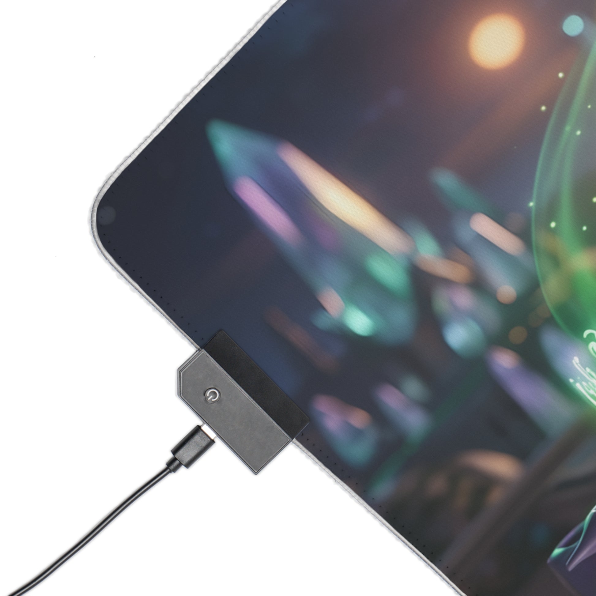Starfire RGB Mouse Pad – DC Comics LED Desk Mat, Teen Titans Gamer Setup close-up of LED corner connector and stitched edge on extended RGB desk mat